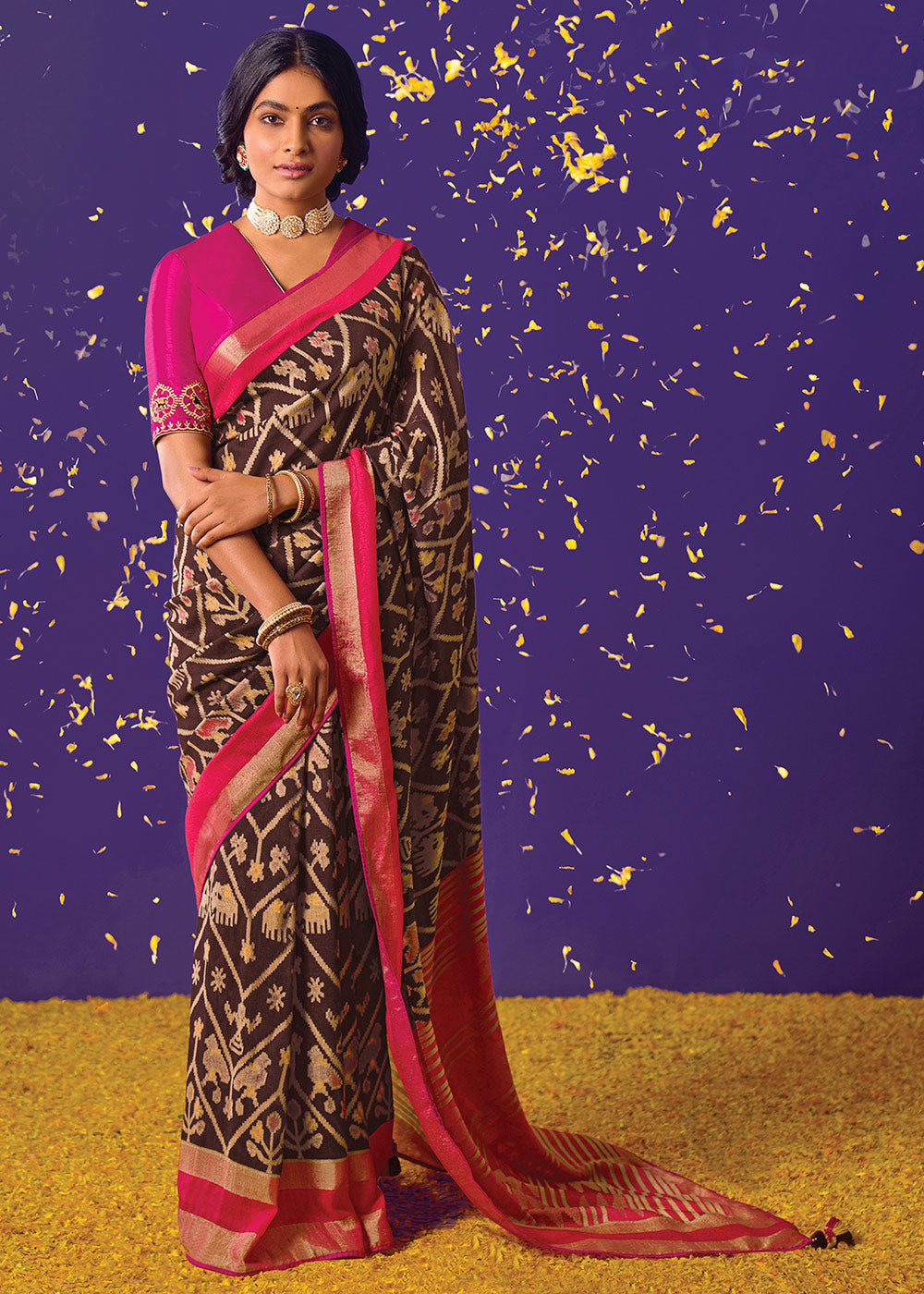 Brown and Pink Brasso Print Saree with Embroidered Blouse