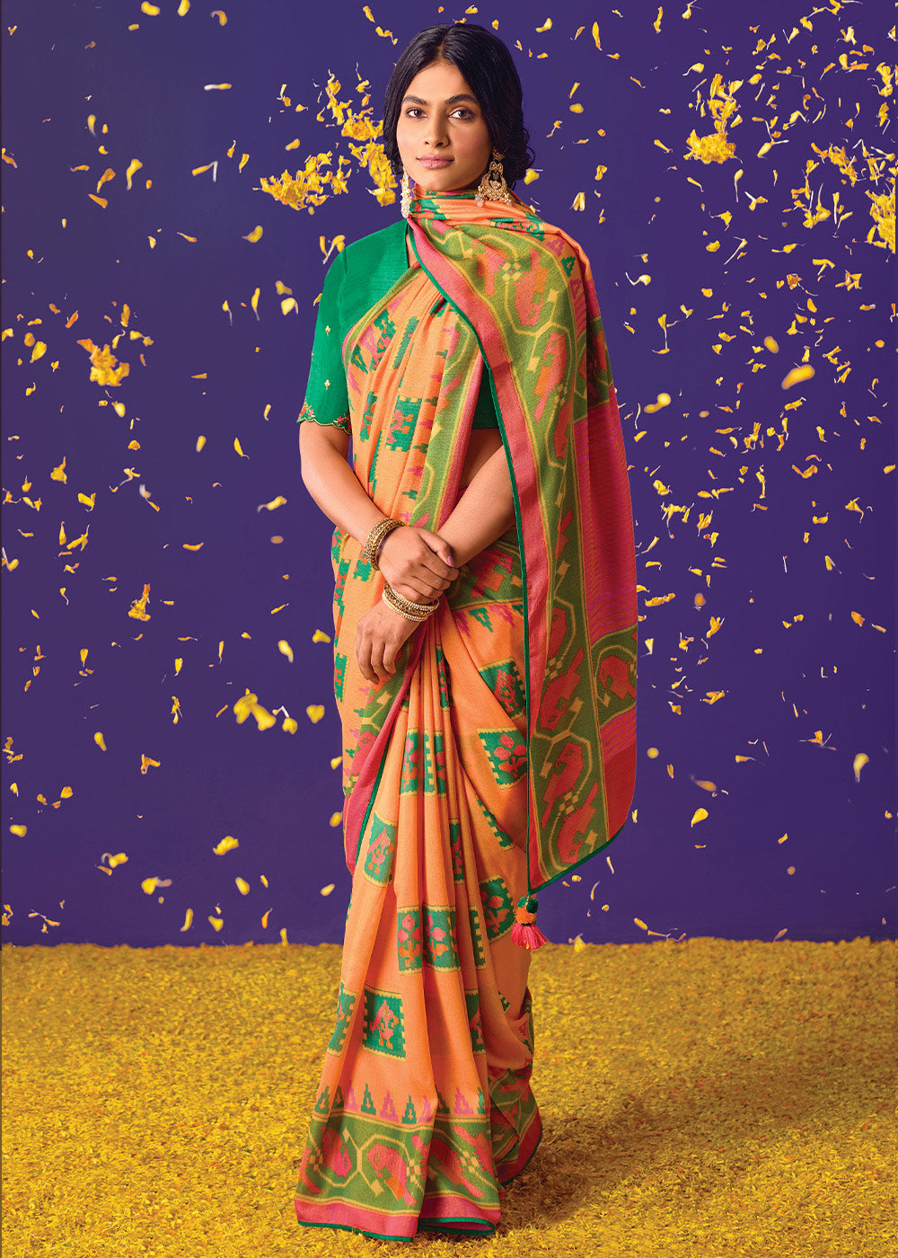 Green and Peach Geometric Print Saree with Embroidered Blouse