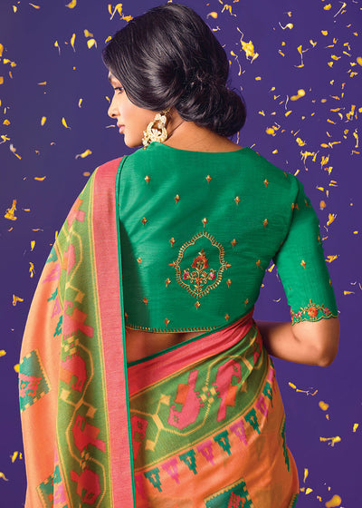 Green and Peach Geometric Print Saree with Embroidered Blouse