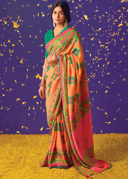 Green and Peach Geometric Print Saree with Embroidered Blouse