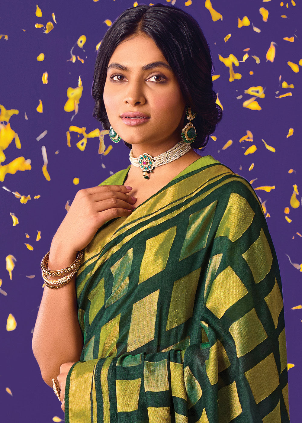 Green and Gold Floral Print Saree with Embroidered Blouse