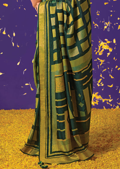 Green and Gold Floral Print Saree with Embroidered Blouse