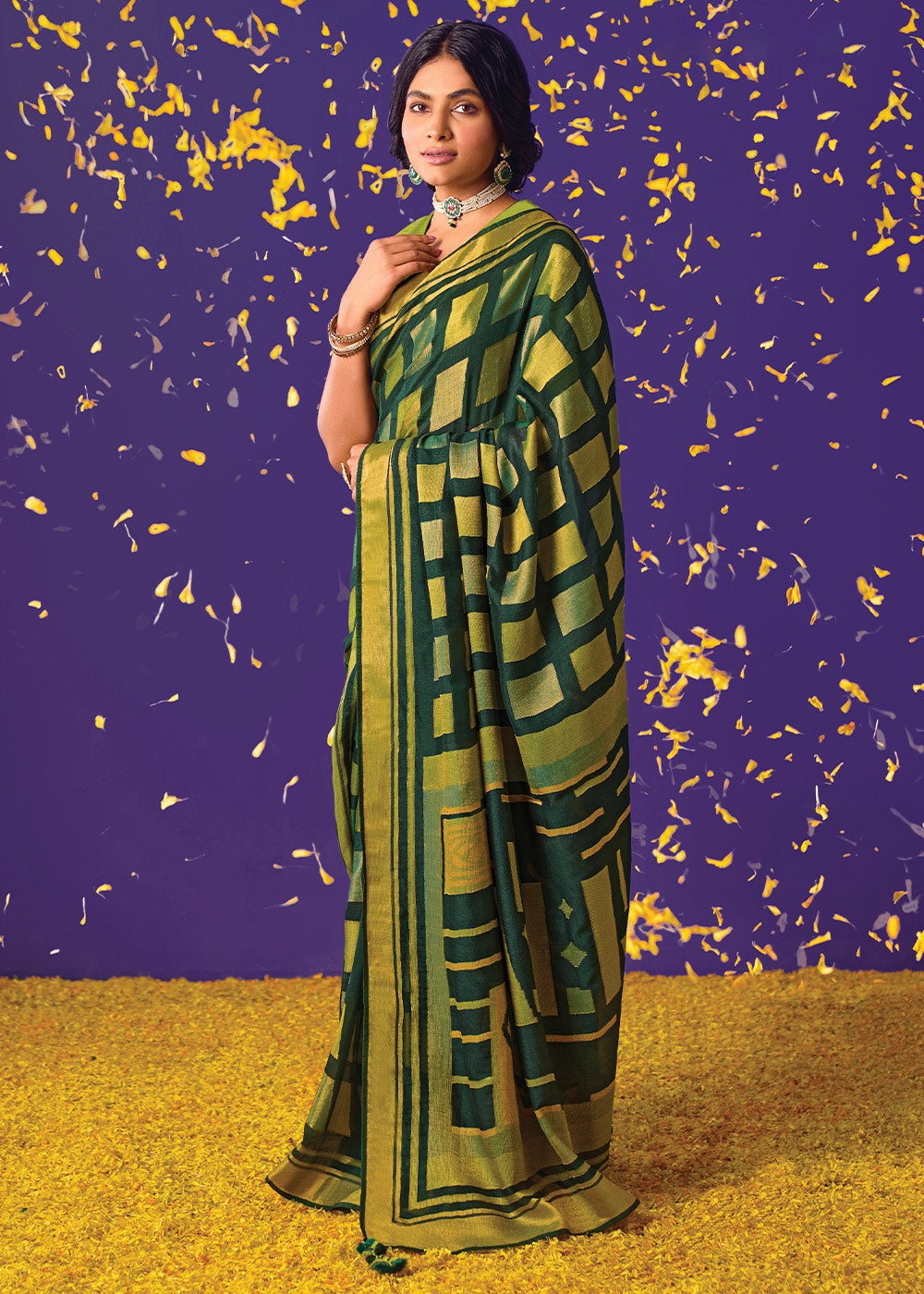 Green and Gold Floral Print Saree with Embroidered Blouse