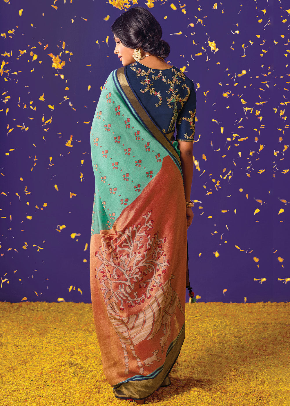 Blue and Peach Geometric Print Saree with Embroidered Blouse