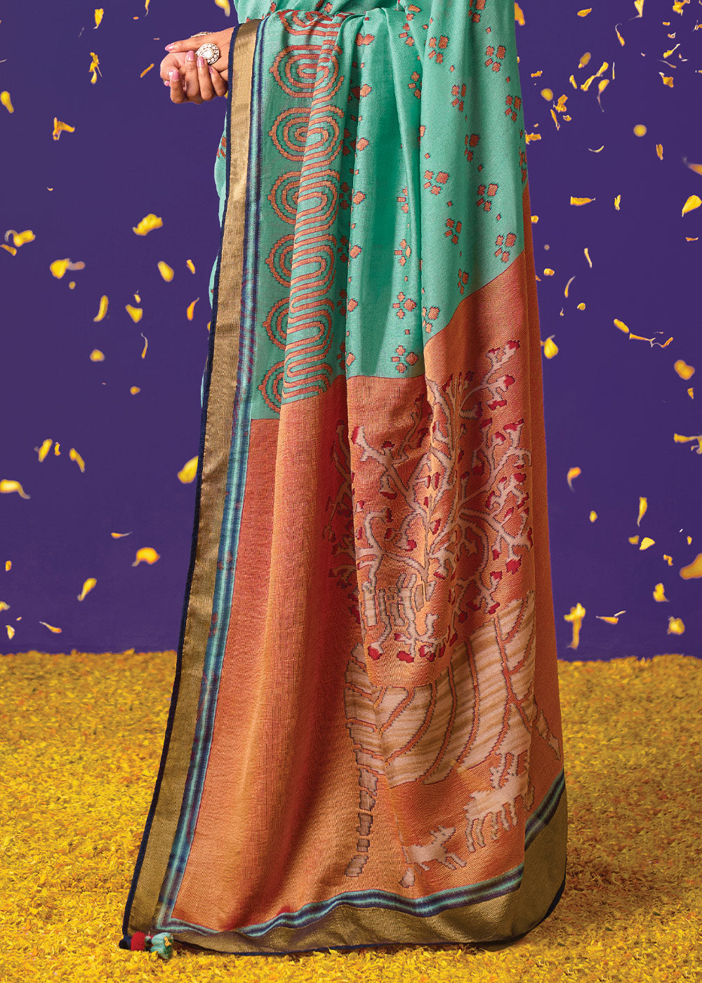 Blue and Peach Geometric Print Saree with Embroidered Blouse