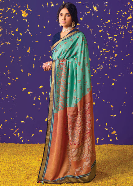 Blue and Peach Geometric Print Saree with Embroidered Blouse