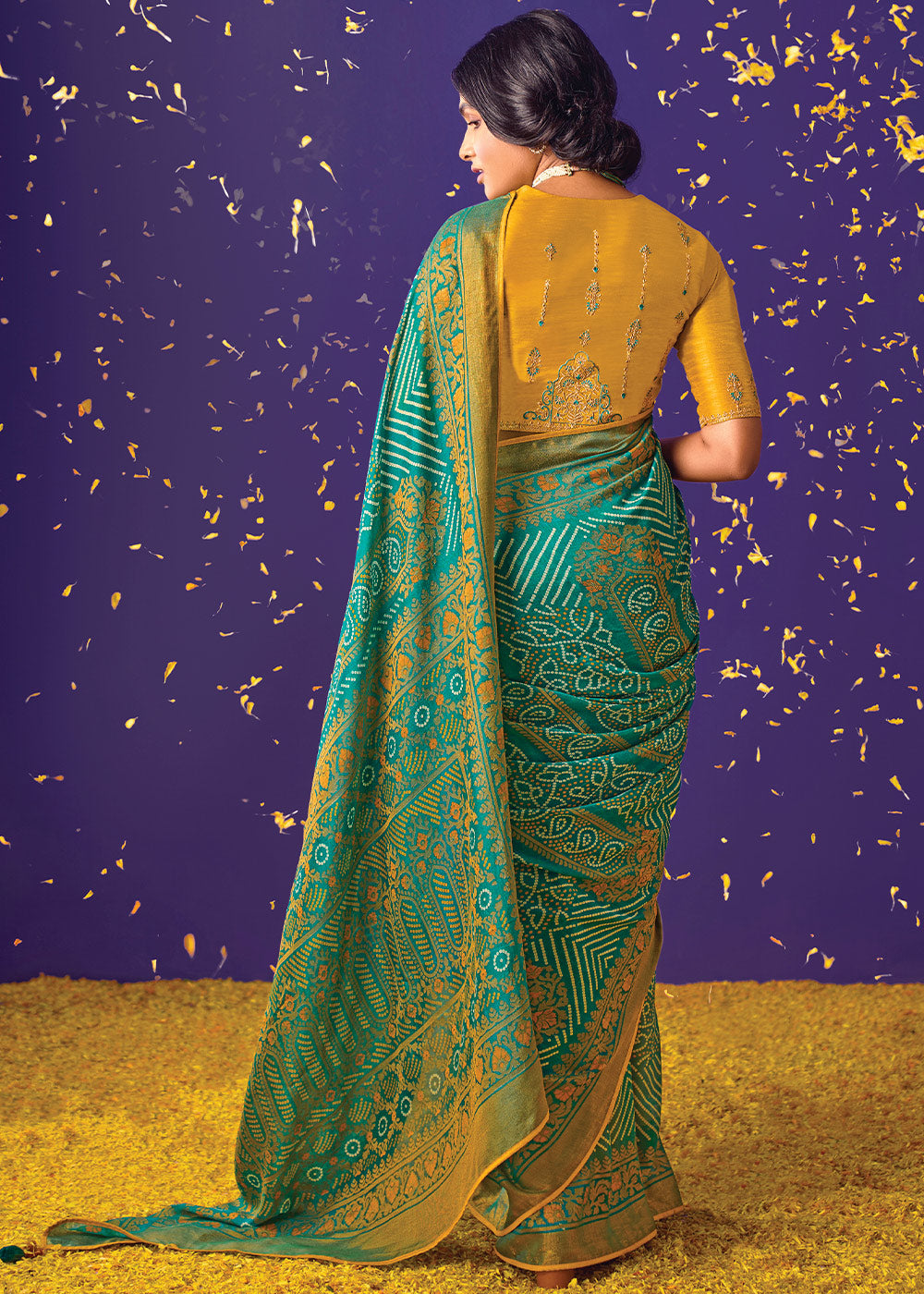 Blue and Yellow Floral Print Saree with Embroidered Blouse