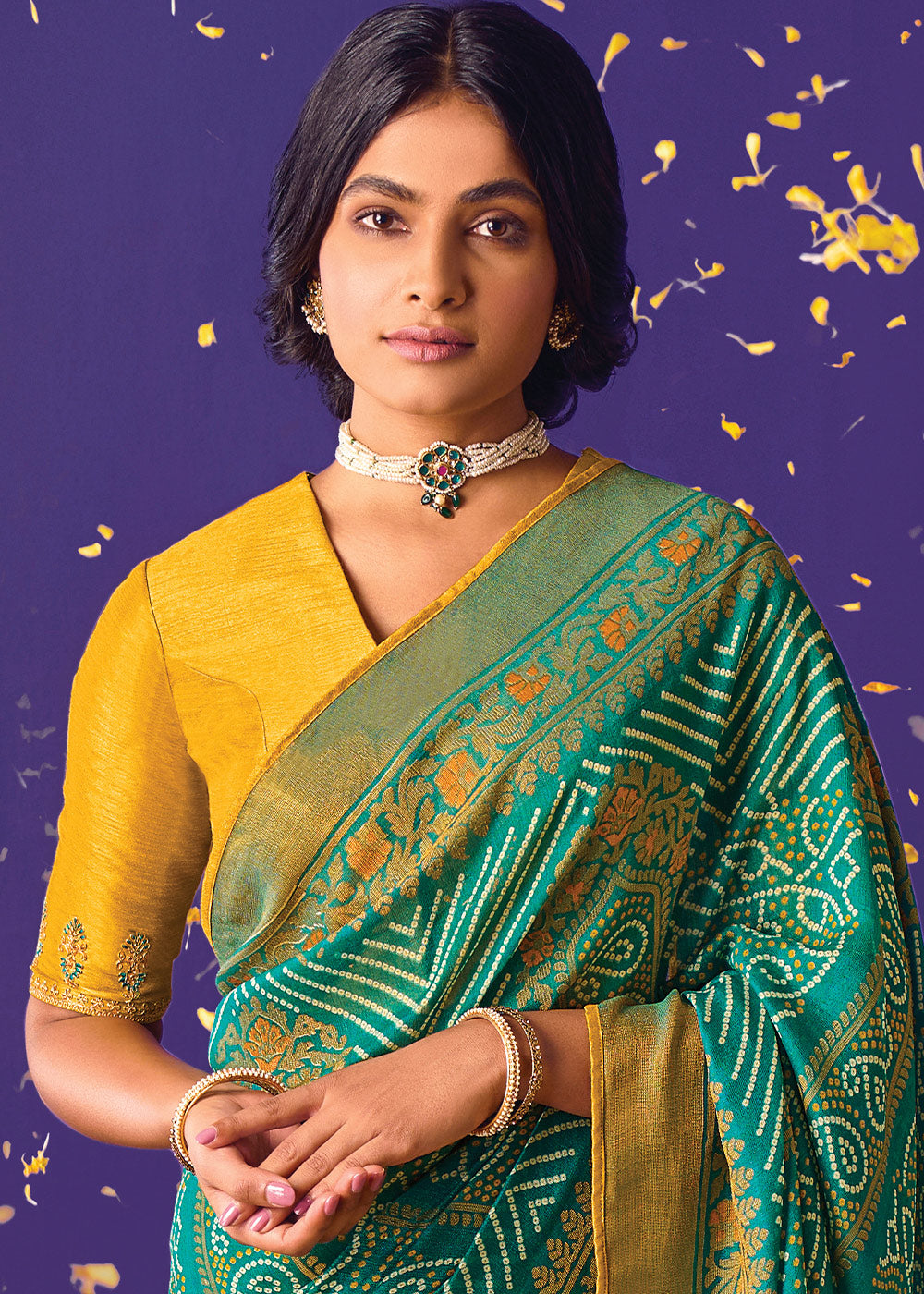 Blue and Yellow Floral Print Saree with Embroidered Blouse