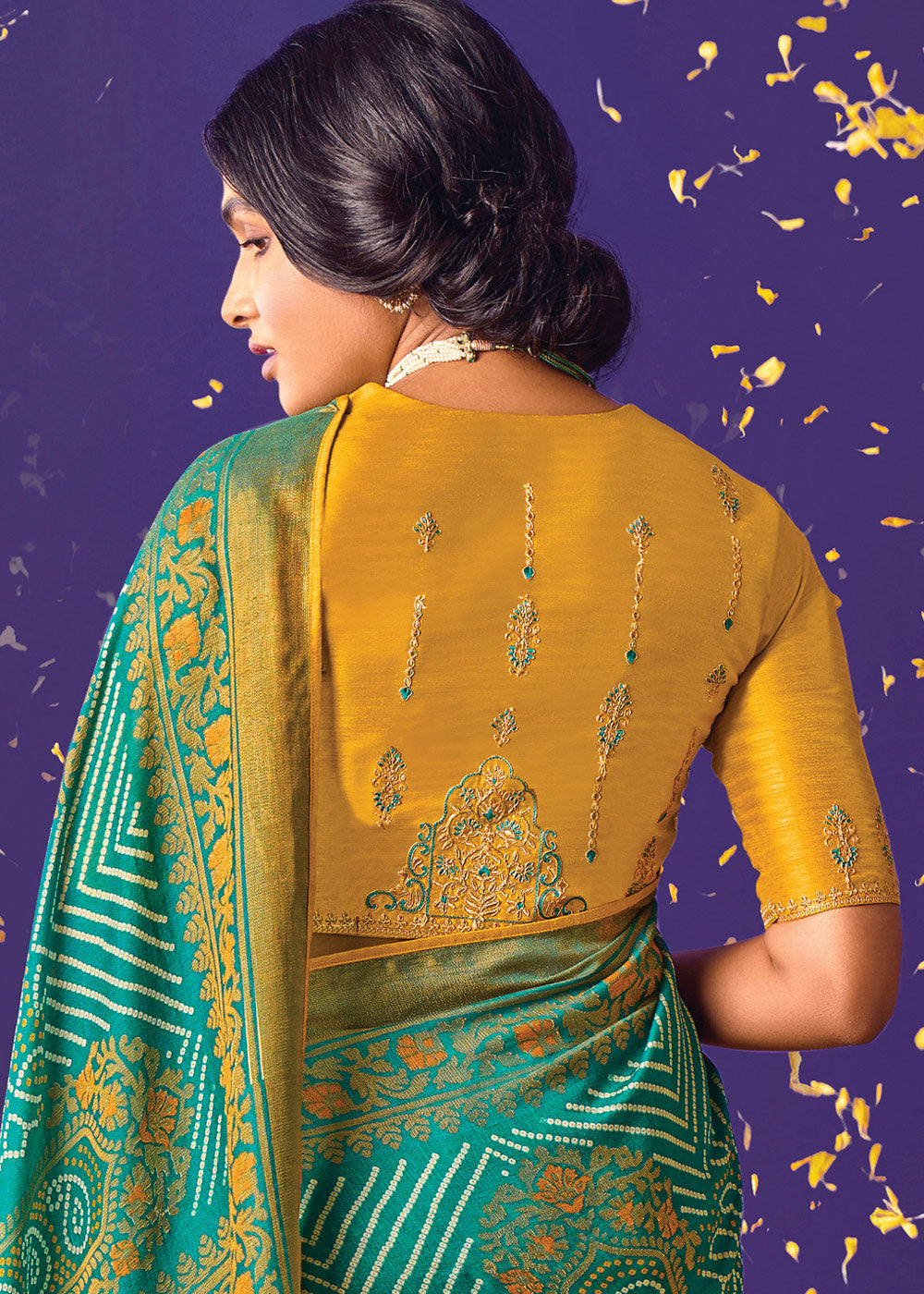 Blue and Yellow Floral Print Saree with Embroidered Blouse