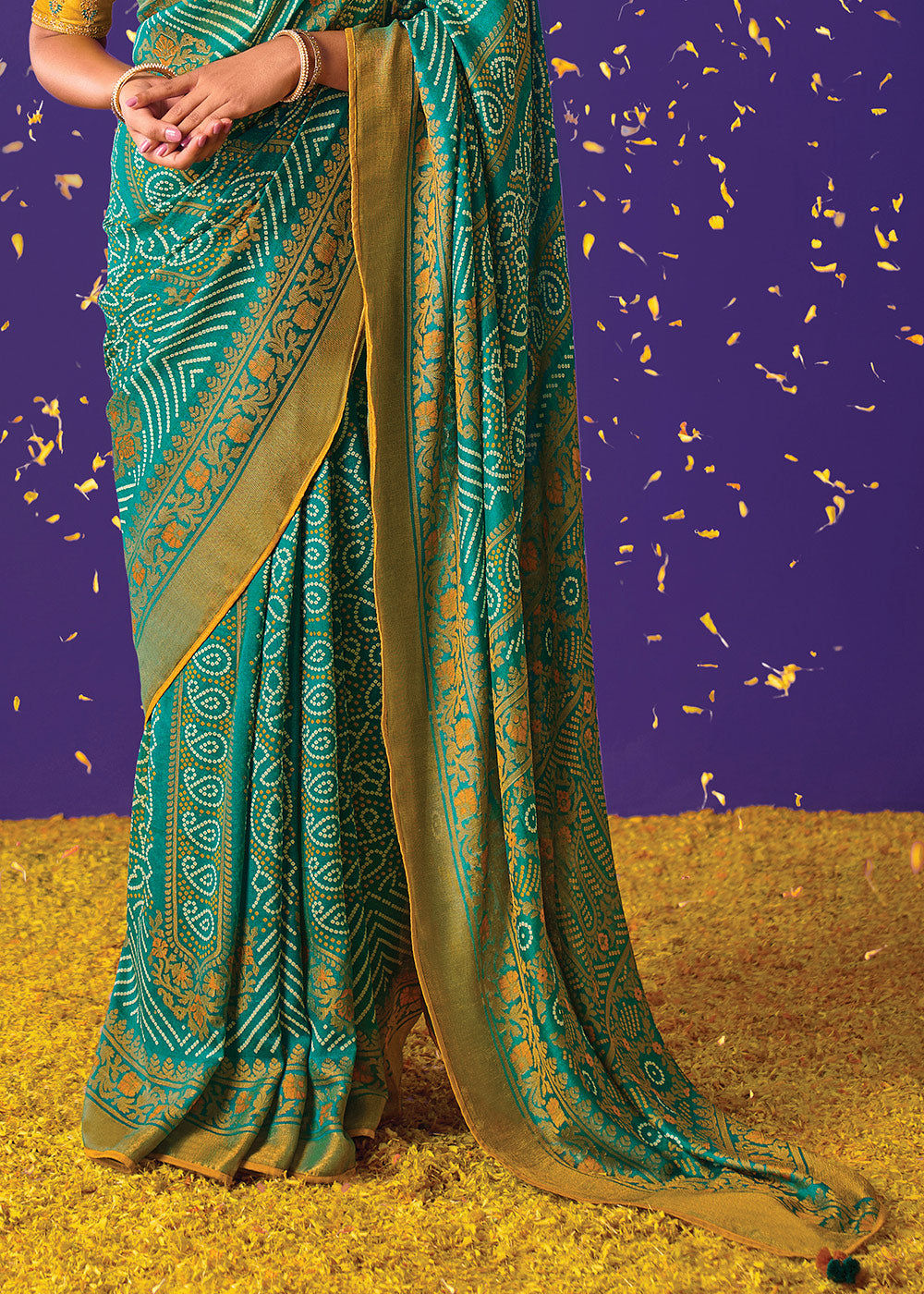 Blue and Yellow Floral Print Saree with Embroidered Blouse