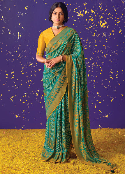 Blue and Yellow Floral Print Saree with Embroidered Blouse