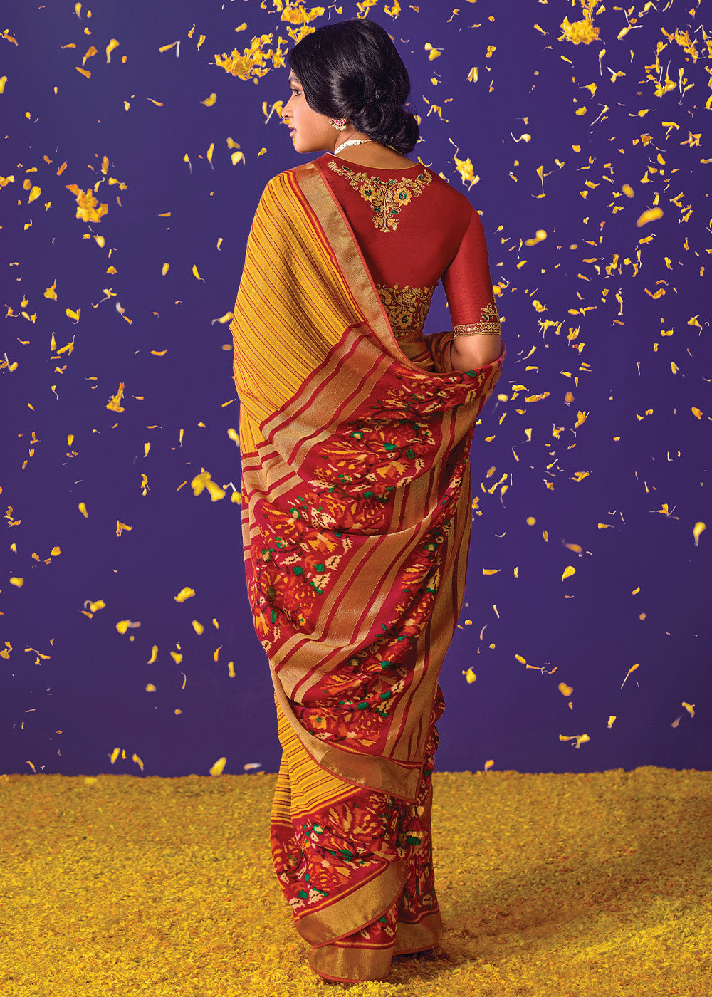 Yellow and Maroon Paisley Print Saree with Embroidered Blouse
