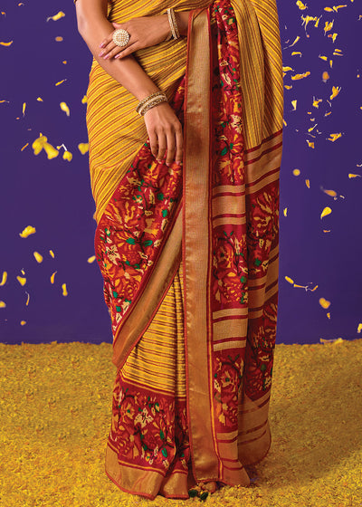 Yellow and Maroon Paisley Print Saree with Embroidered Blouse