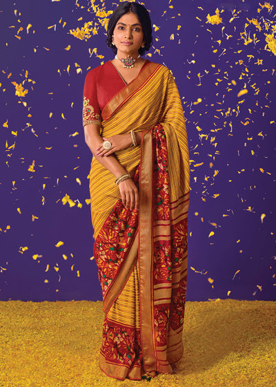 Yellow and Maroon Paisley Print Saree with Embroidered Blouse