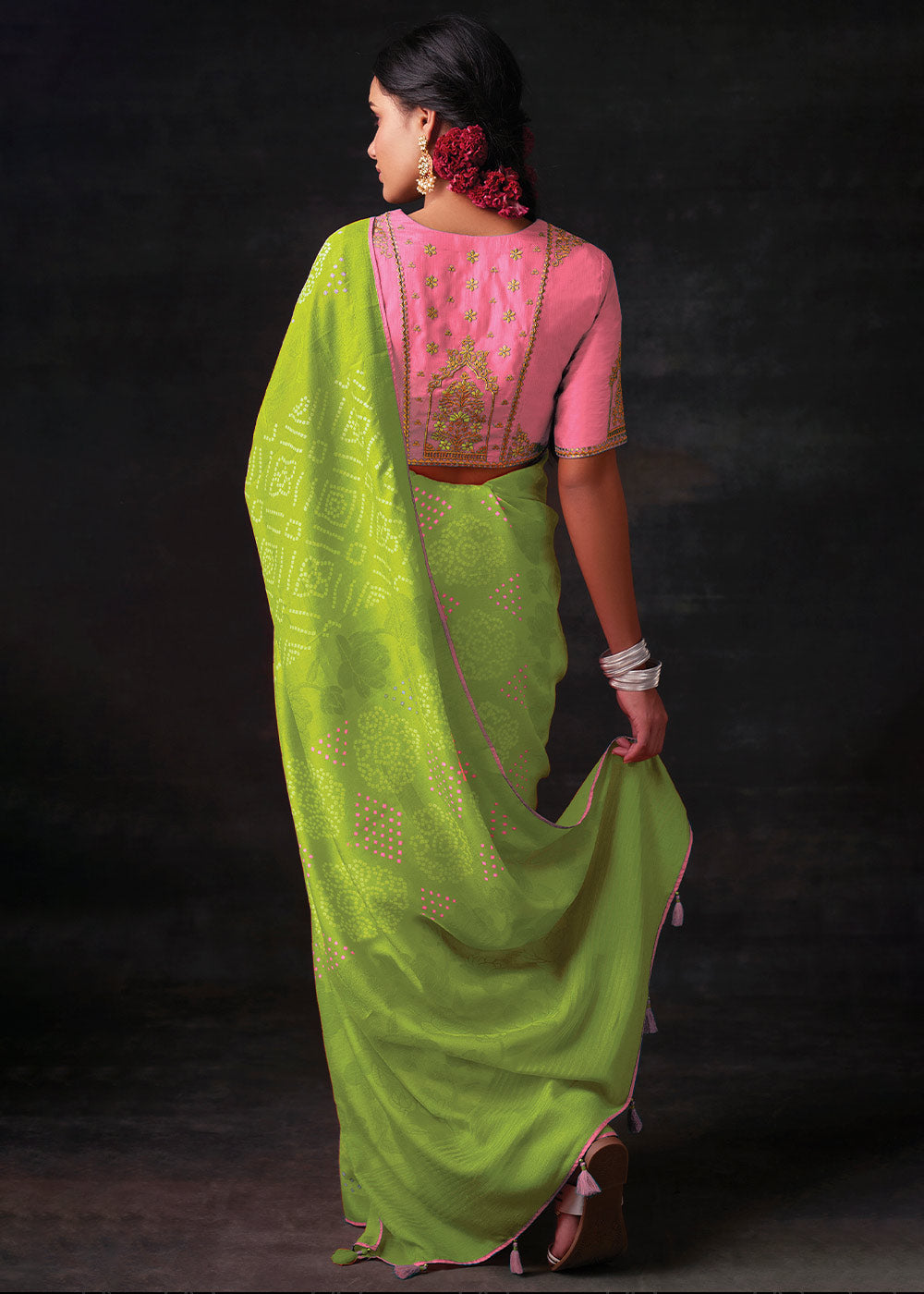 Lemon Green Brasso Bandhani Saree with Elegant Border