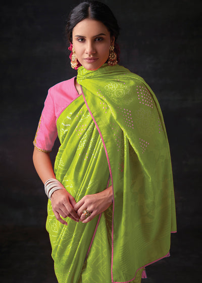 Lemon Green Brasso Bandhani Saree with Elegant Border