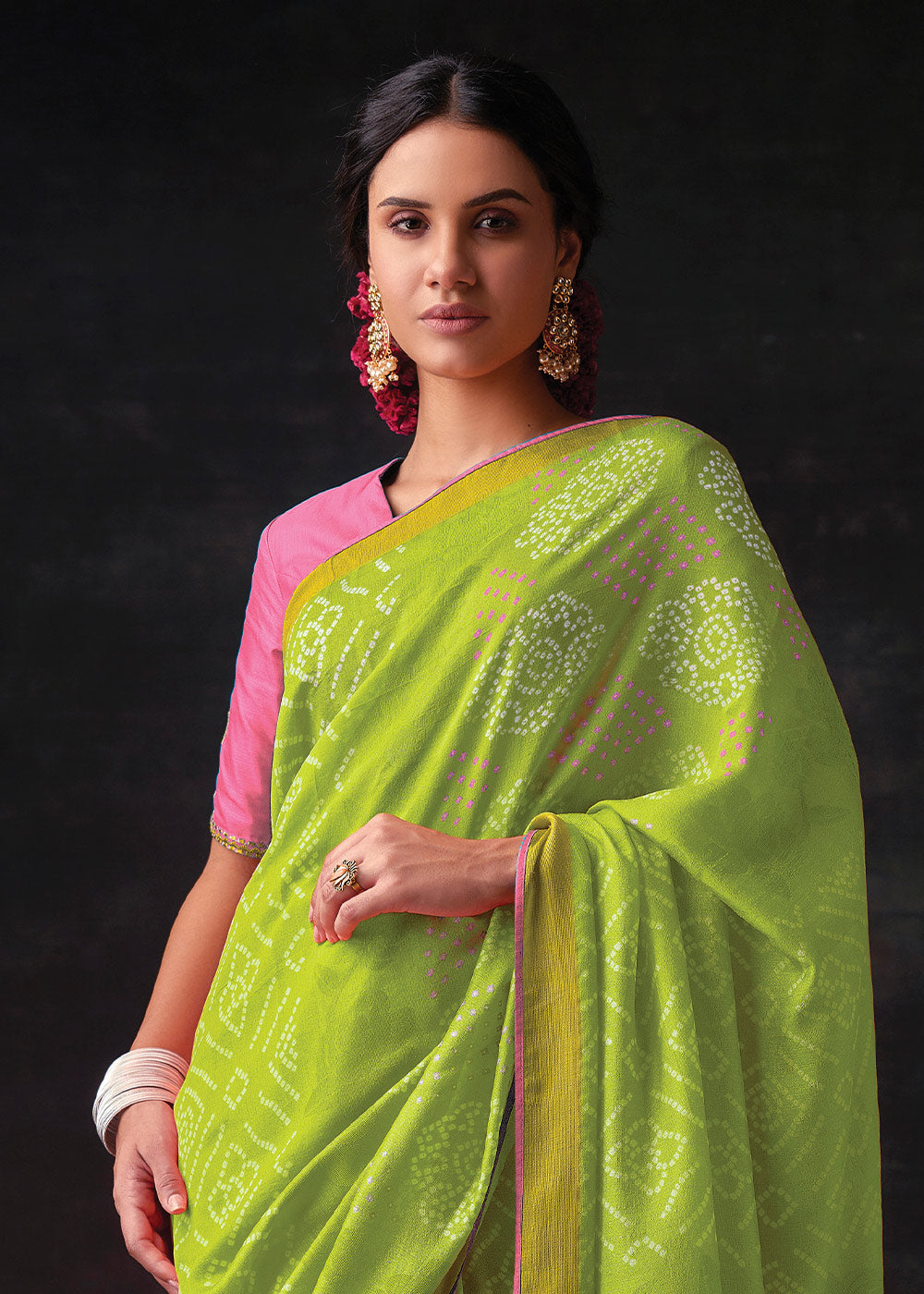 Lemon Green Brasso Bandhani Saree with Elegant Border