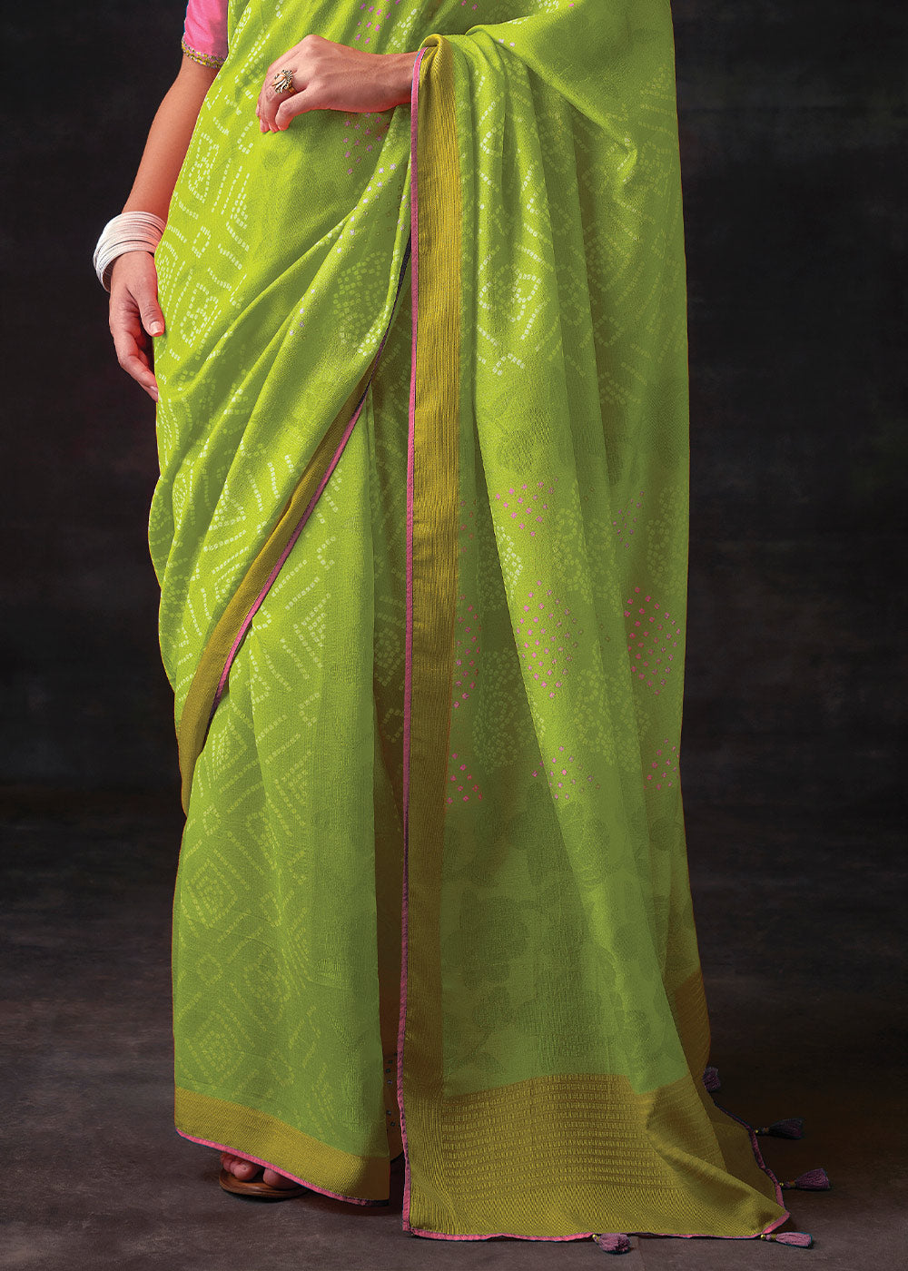 Lemon Green Brasso Bandhani Saree with Elegant Border