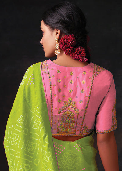 Lemon Green Brasso Bandhani Saree with Elegant Border