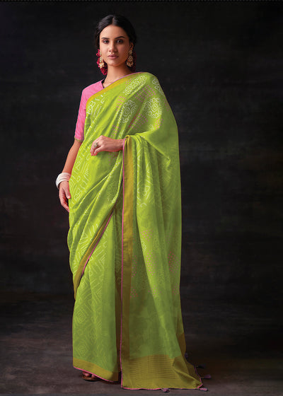 Lemon Green Brasso Bandhani Saree with Elegant Border