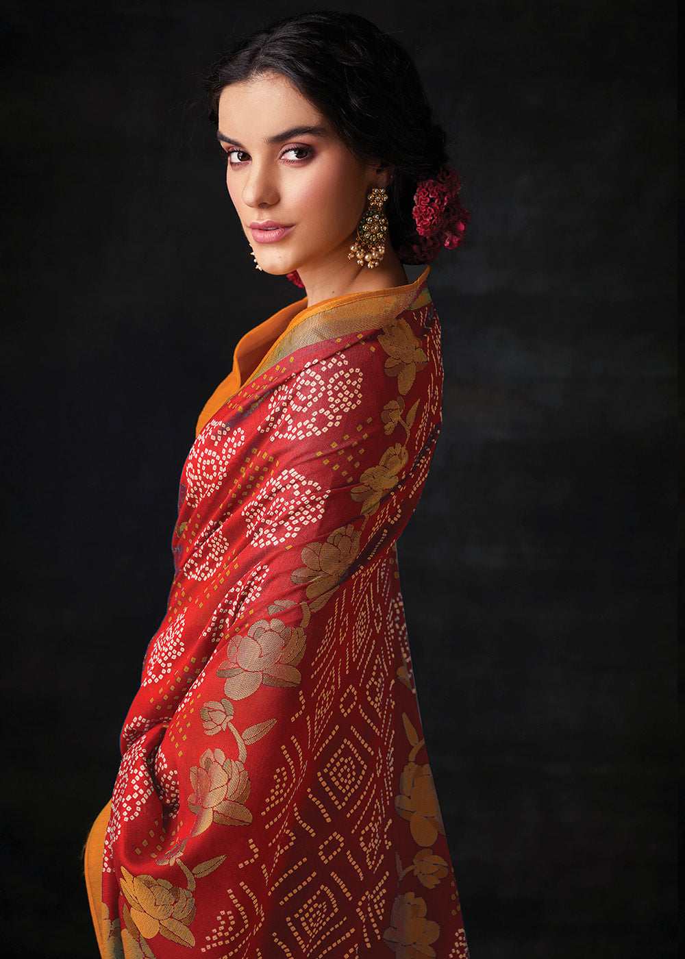 Red Brasso Bandhani Saree with Elegant Border