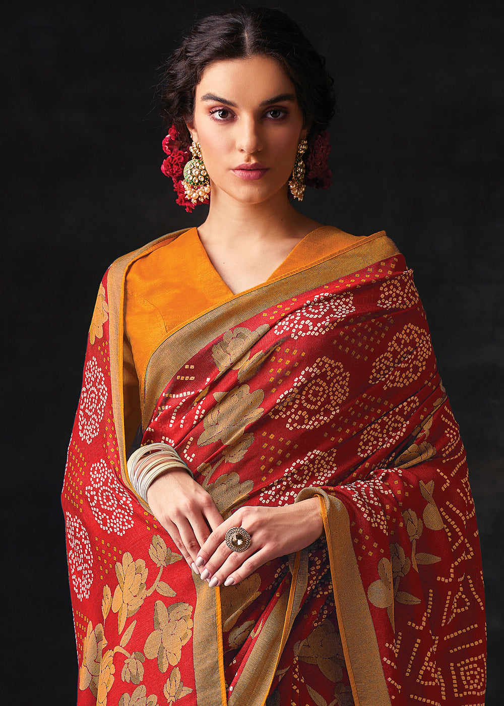 Red Brasso Bandhani Saree with Elegant Border