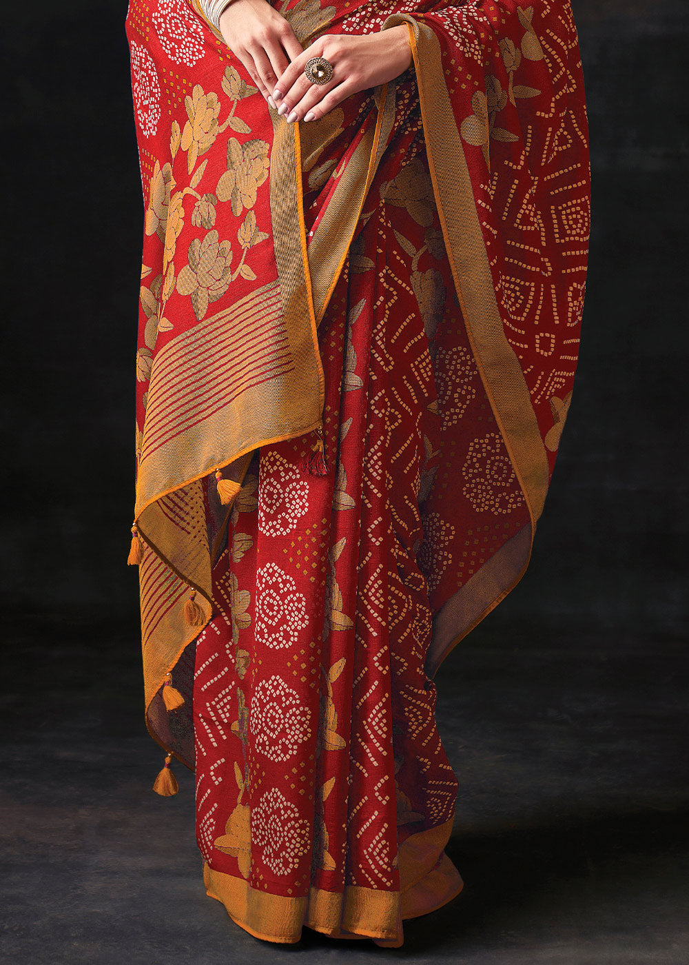 Red Brasso Bandhani Saree with Elegant Border