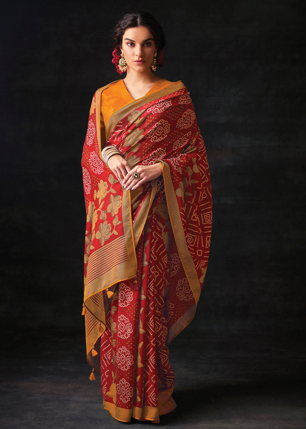 Red Brasso Bandhani Saree with Elegant Border