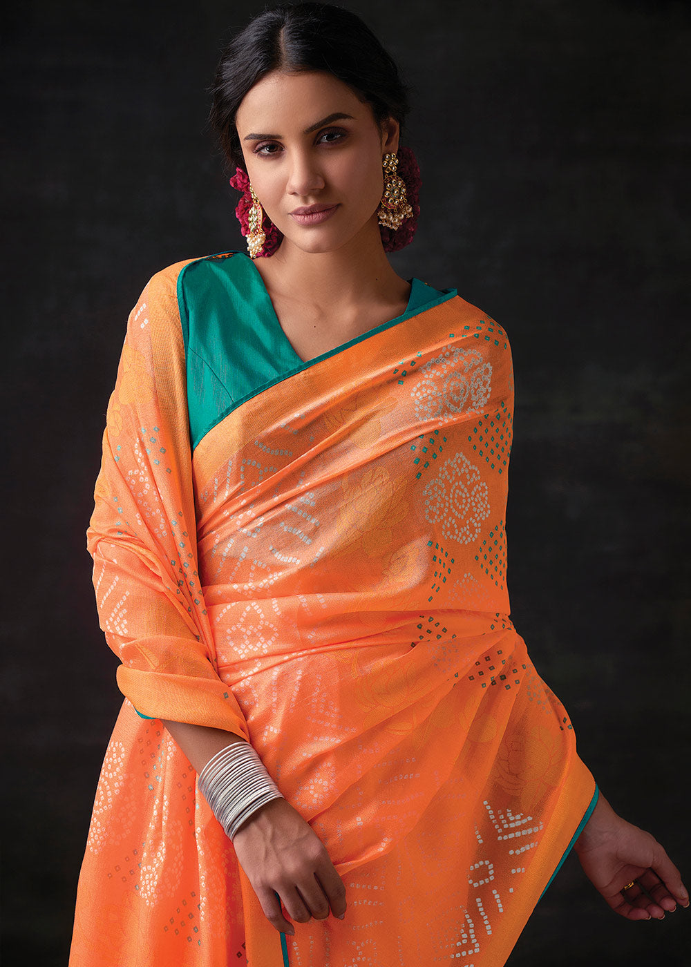 Pratch Brasso Bandhani Saree with Embroidered Blouse