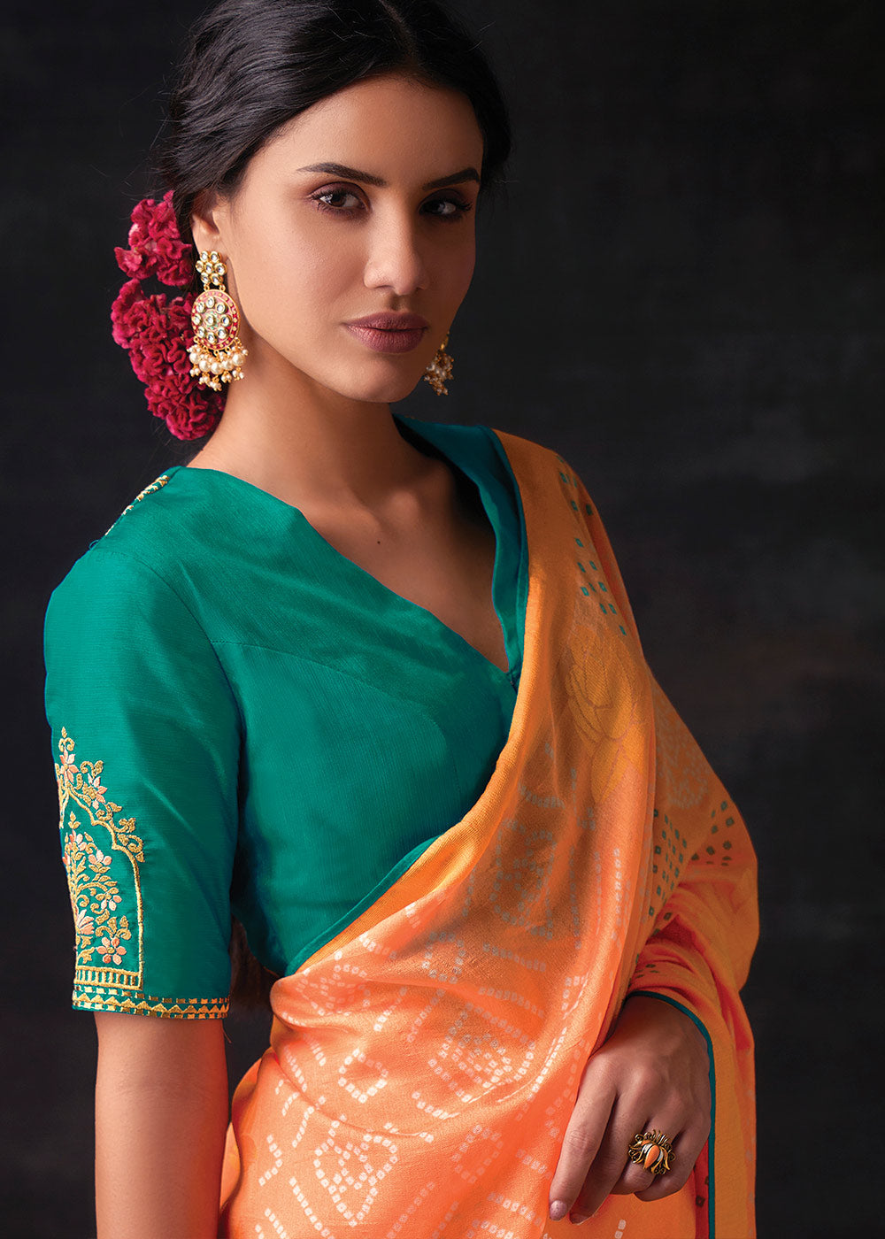 Pratch Brasso Bandhani Saree with Embroidered Blouse