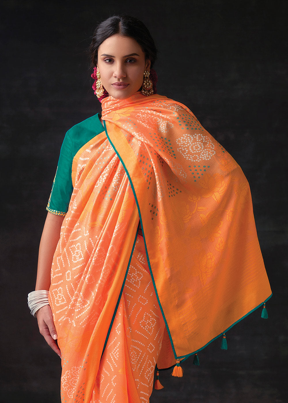 Pratch Brasso Bandhani Saree with Embroidered Blouse