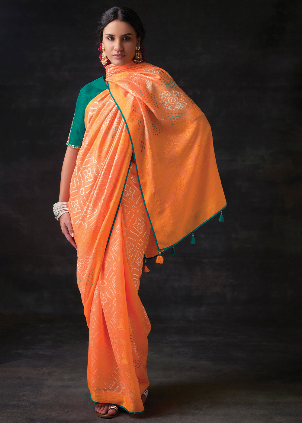 Pratch Brasso Bandhani Saree with Embroidered Blouse