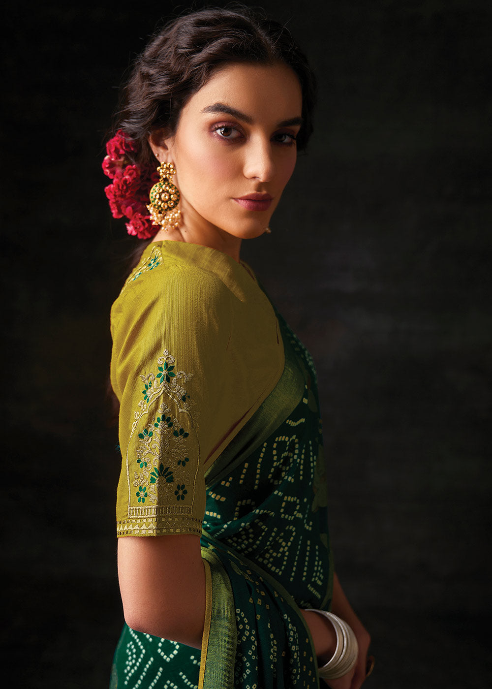 Green Brasso Bandhani Saree with Embroidered Blouse