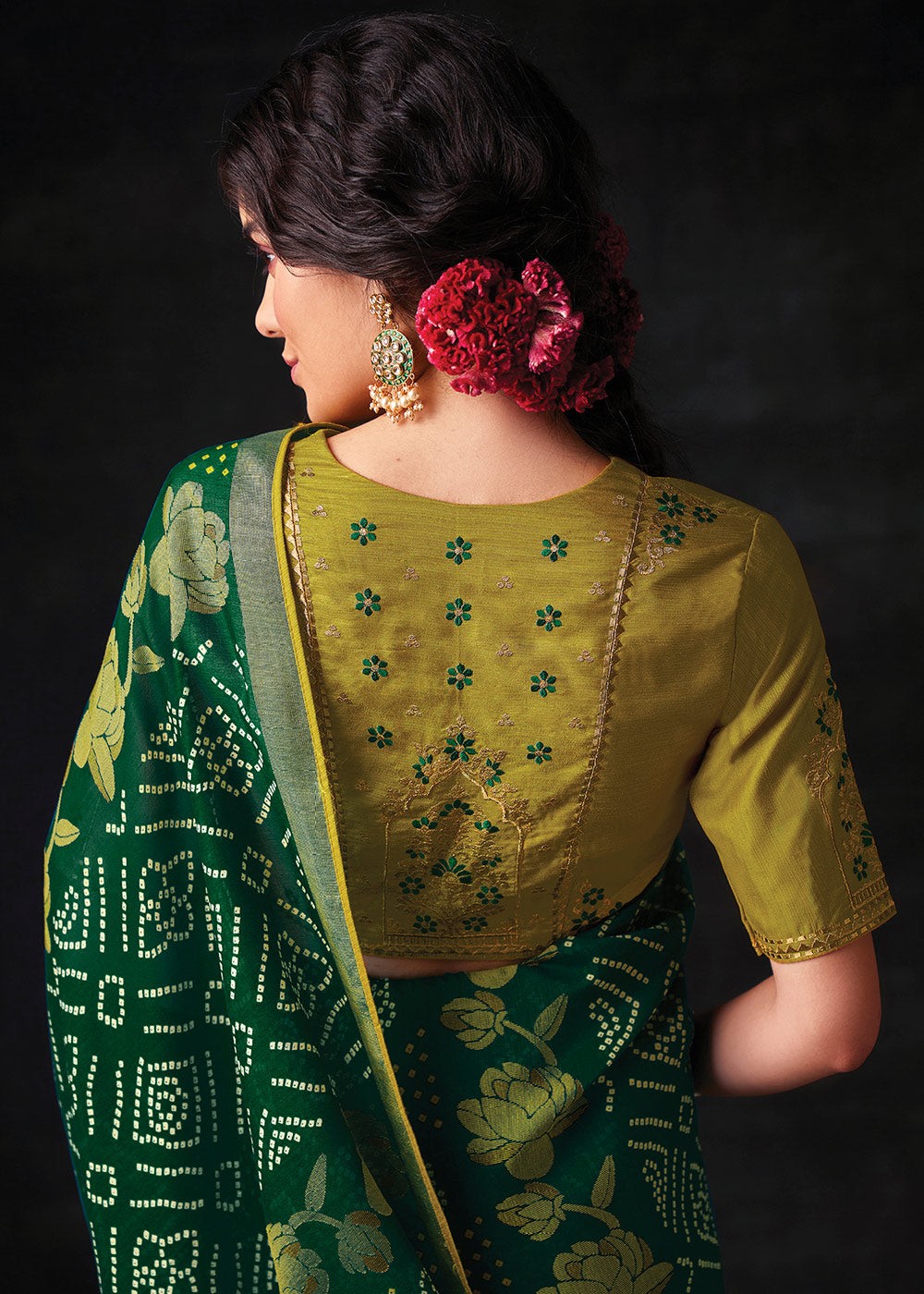 Green Brasso Bandhani Saree with Embroidered Blouse