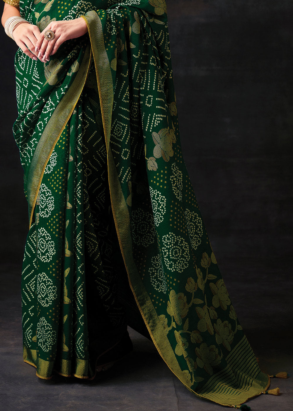 Green Brasso Bandhani Saree with Embroidered Blouse