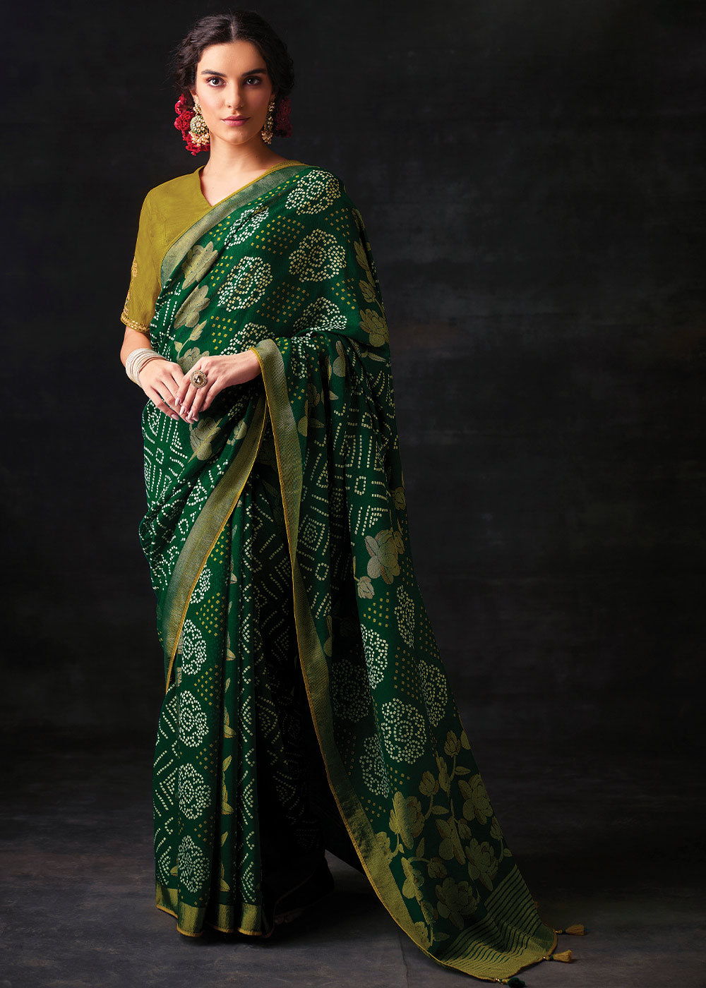 Green Brasso Bandhani Saree with Embroidered Blouse