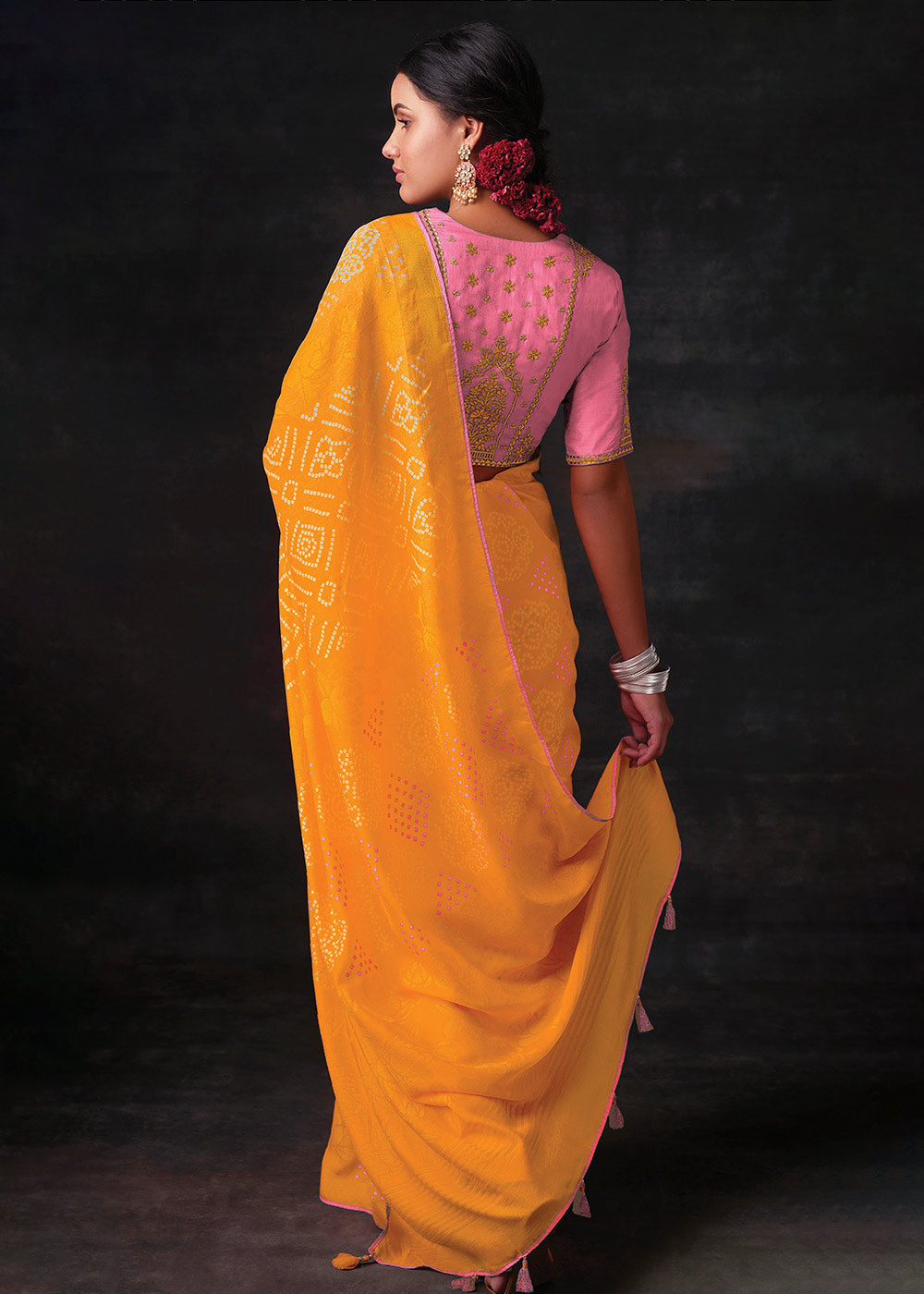 Yellow Brasso Bandhani Saree with Embroidered Blouse