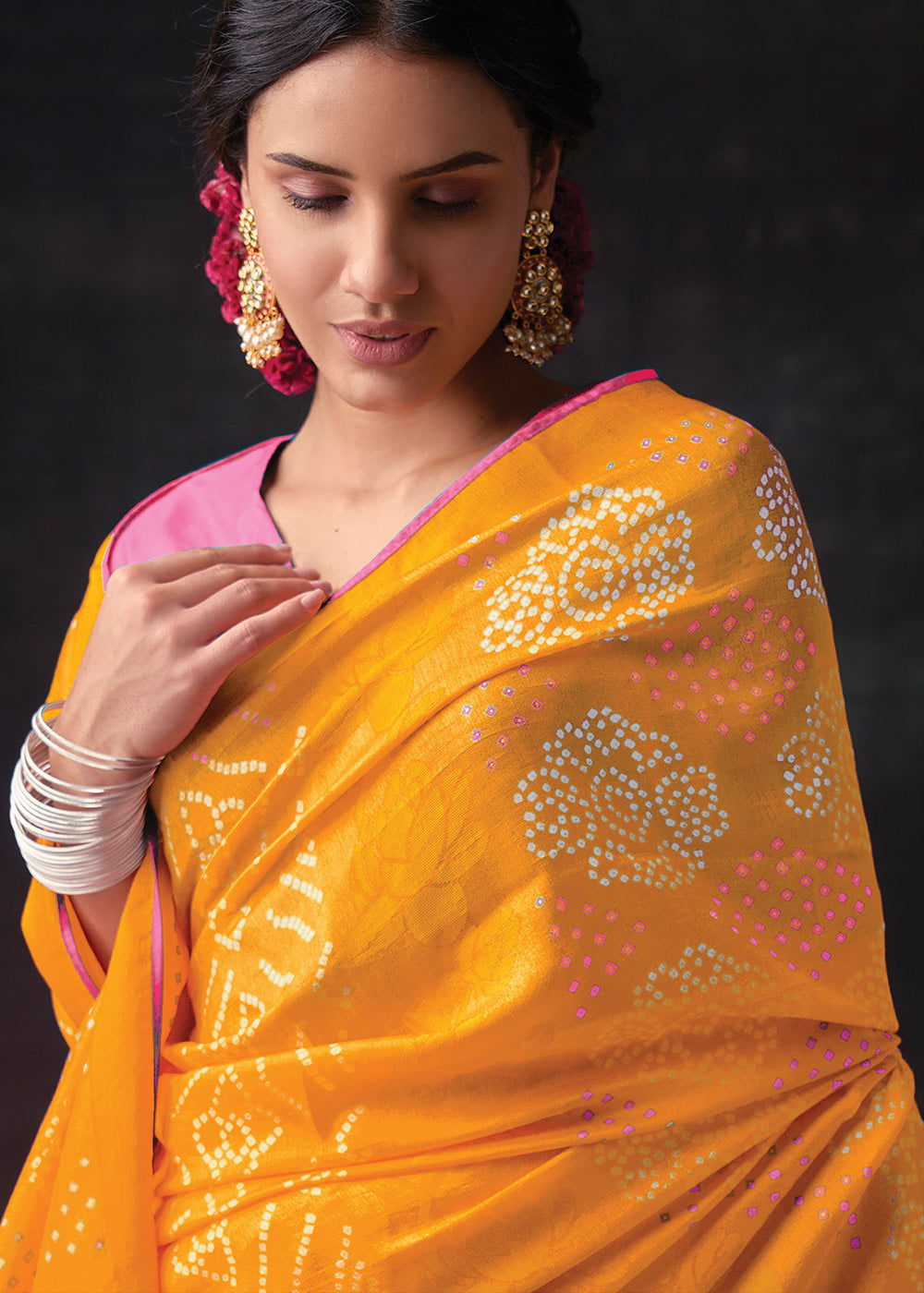 Yellow Brasso Bandhani Saree with Embroidered Blouse