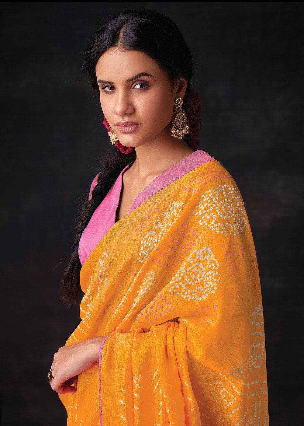 Yellow Brasso Bandhani Saree with Embroidered Blouse