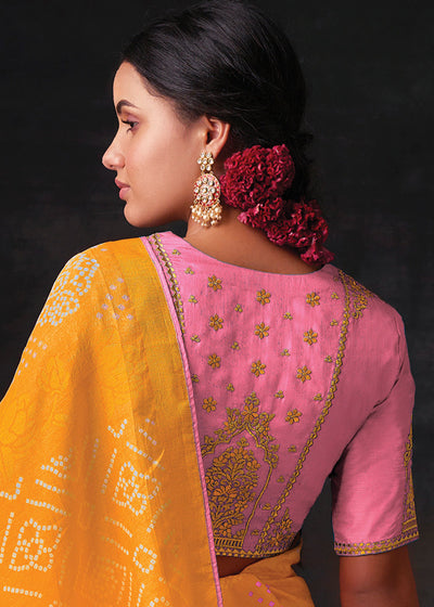 Yellow Brasso Bandhani Saree with Embroidered Blouse