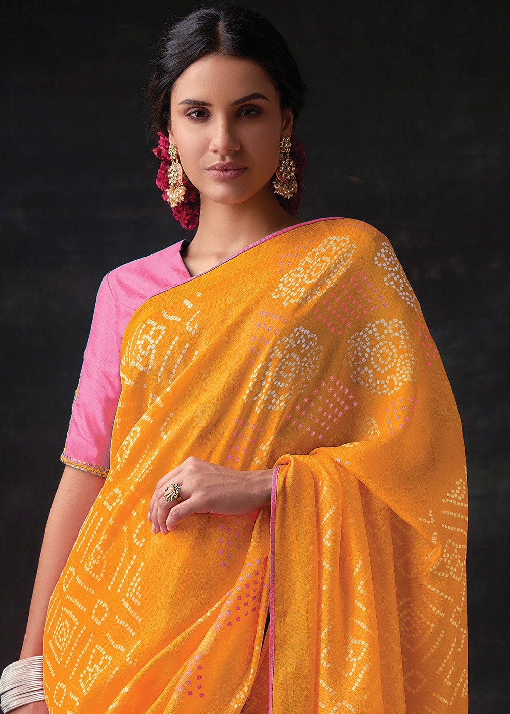 Yellow Brasso Bandhani Saree with Embroidered Blouse