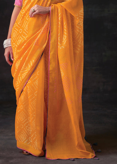 Yellow Brasso Bandhani Saree with Embroidered Blouse