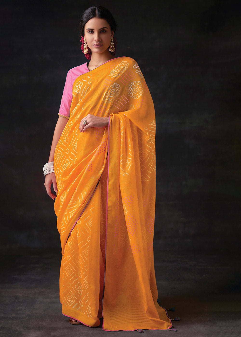 Yellow Brasso Bandhani Saree with Embroidered Blouse
