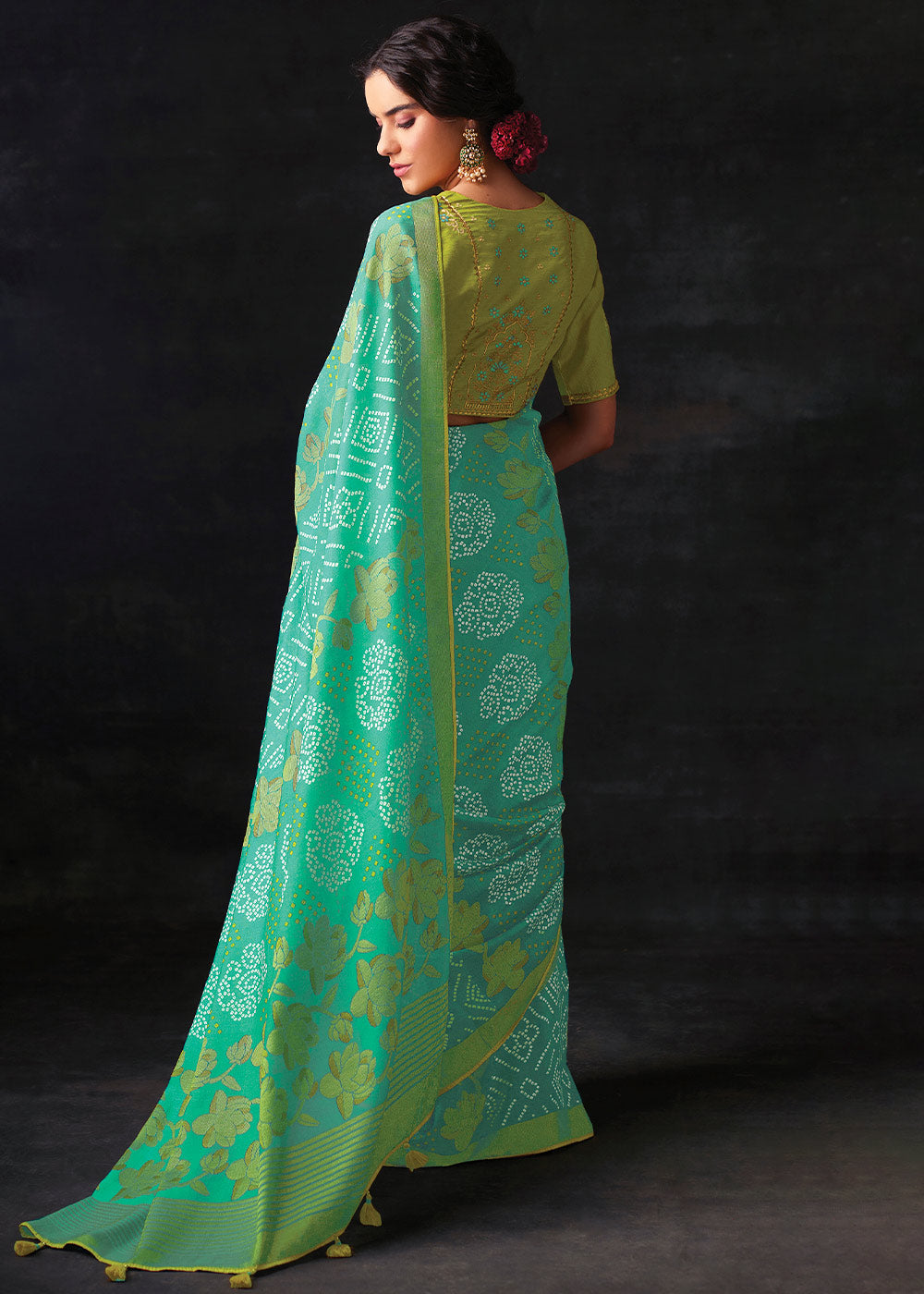 Light Blue Brasso Bandhani Saree with Embroidered Blouse