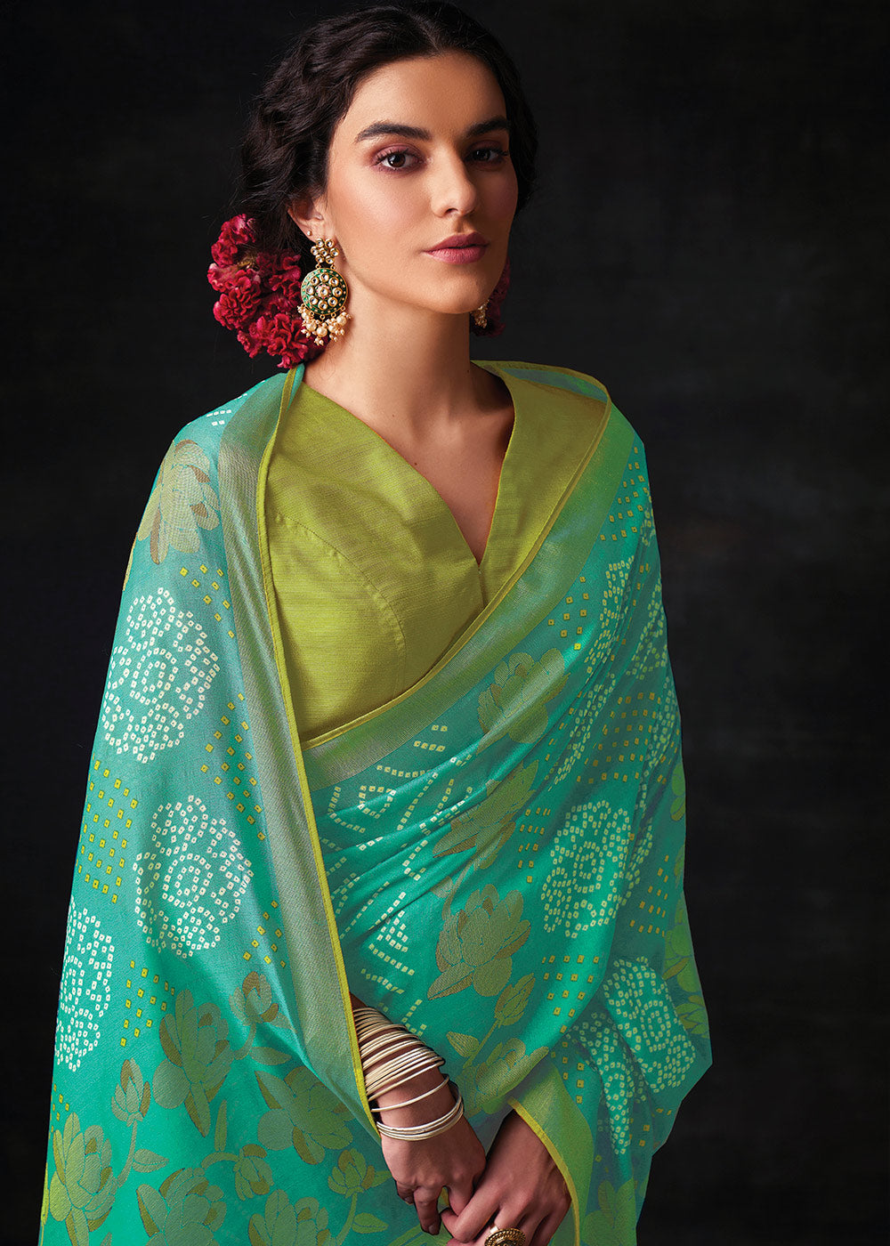 Light Blue Brasso Bandhani Saree with Embroidered Blouse