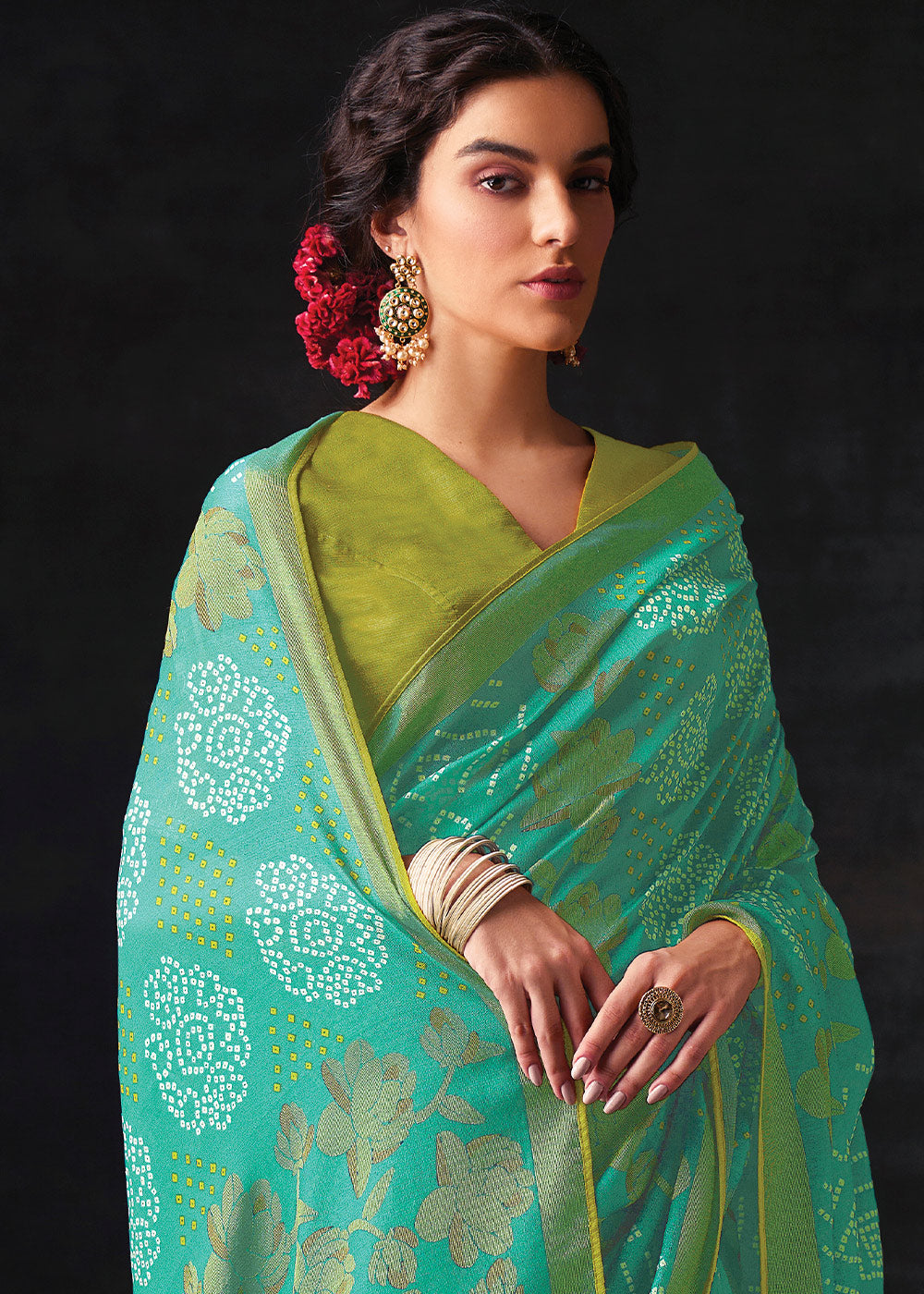 Light Blue Brasso Bandhani Saree with Embroidered Blouse