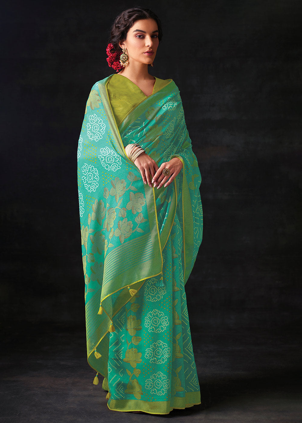 Light Blue Brasso Bandhani Saree with Embroidered Blouse