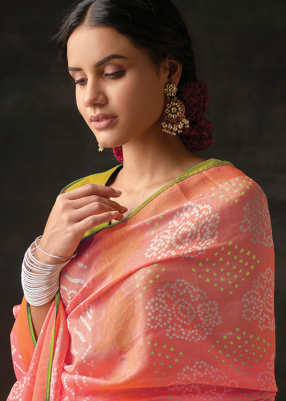 Pink Brasso Bandhani Saree with  Blouse