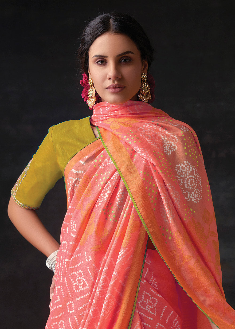 Pink Brasso Bandhani Saree with  Blouse