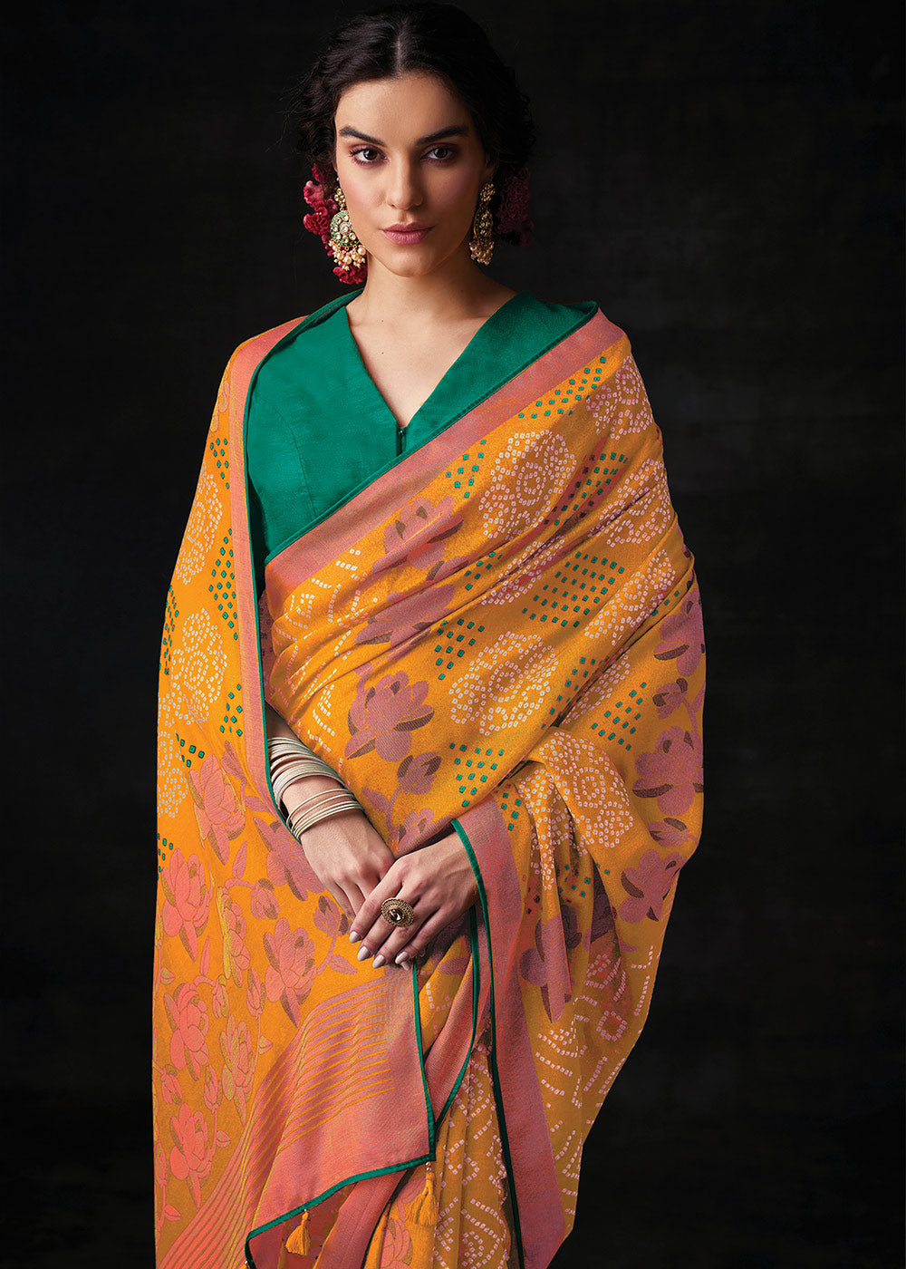 Mustard Brasso Bandhani Saree with Embroidered Blouse